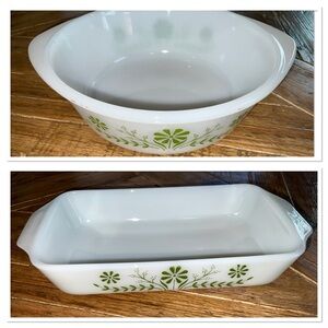 2 vintage Glasbake Green Daisy dishes - loaf shaped and round casserole